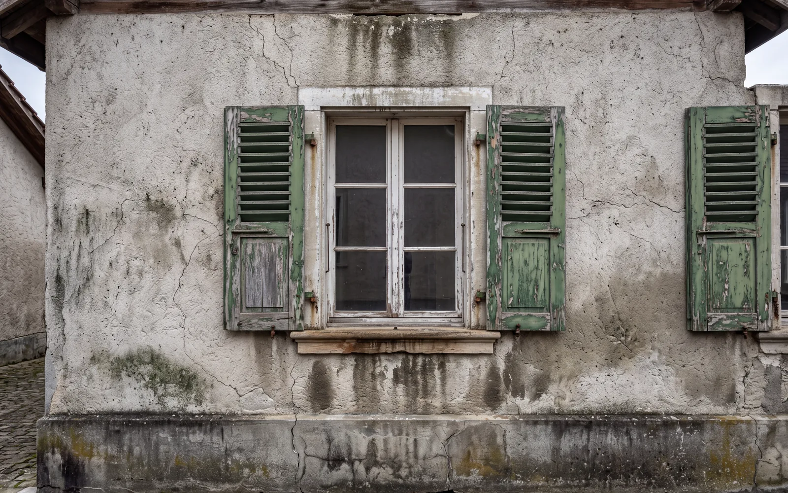 La même façade avant rénovation : crépi fariné et fissuré, traces d’humidité et d’algues, volets écaillés