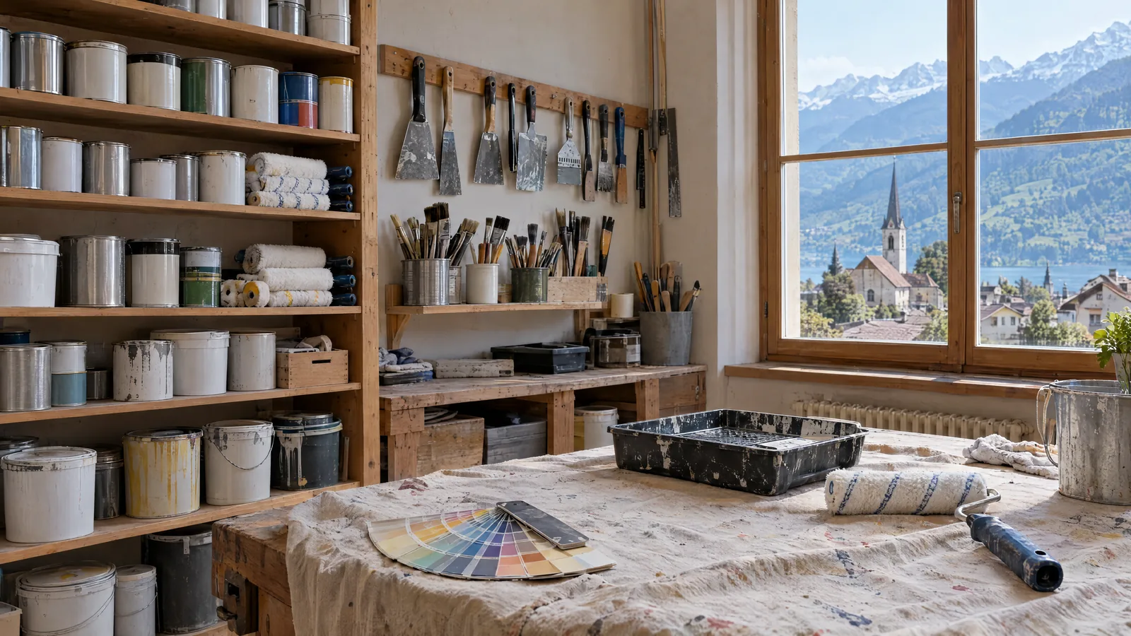 Atelier de peintre rangé avec rouleaux, pinceaux et nuanciers