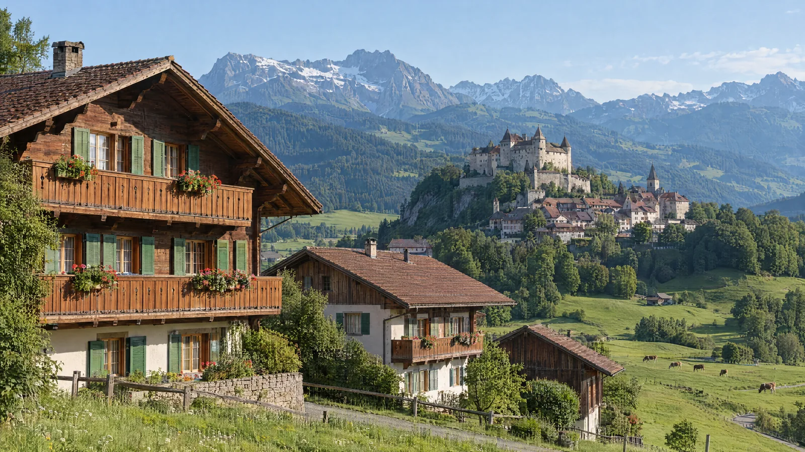 Paysage de la Gruyère avec fermes et chalets aux boiseries repeintes