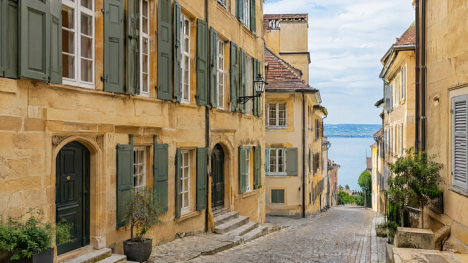Façade en pierre jaune rénovée dans une vieille ville neuchâteloise