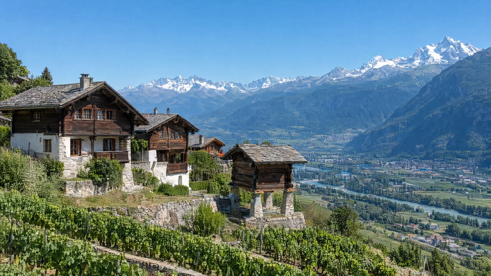 Village valaisan ensoleillé avec chalets rénovés
