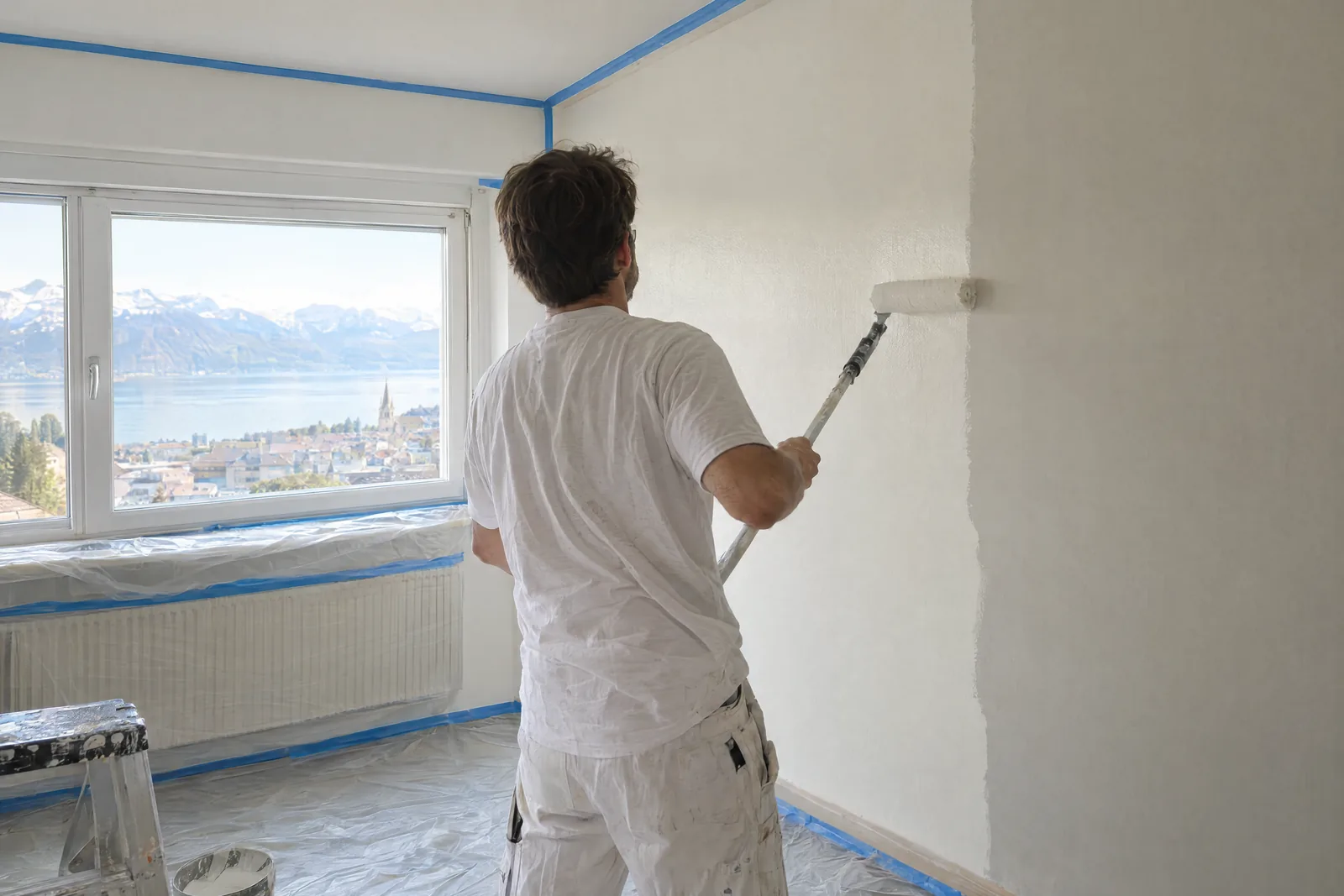 Peinture mate appliquée au rouleau sur un mur intérieur